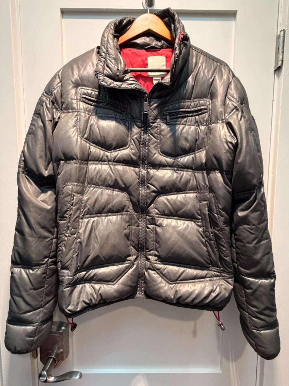 Diesel vintage down puffer jacket, grey with red lining. Men's Size L.